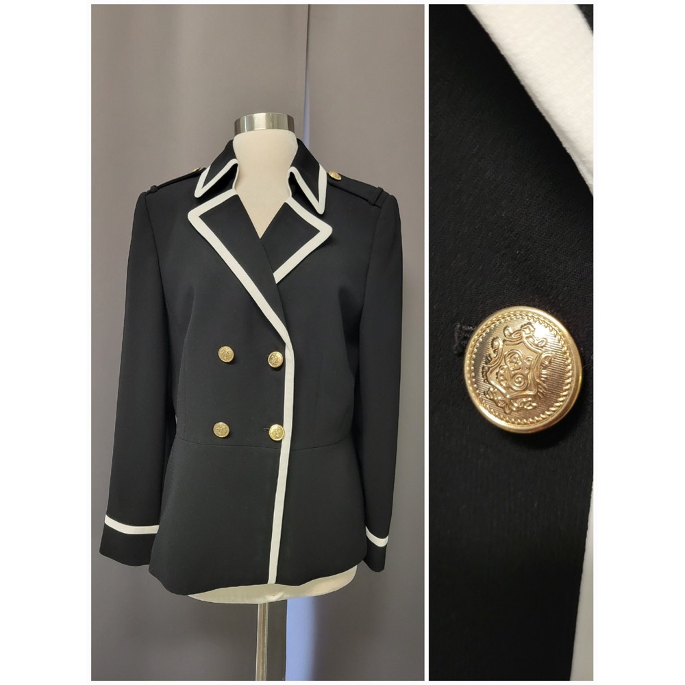 Tahari Arthur S Levine Blazer Black White Piping Military Gold Button Size 14‎